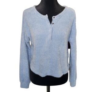Hollister California Sweater Womens Small Cropped Baby Blue Fuzzy Soft Henley